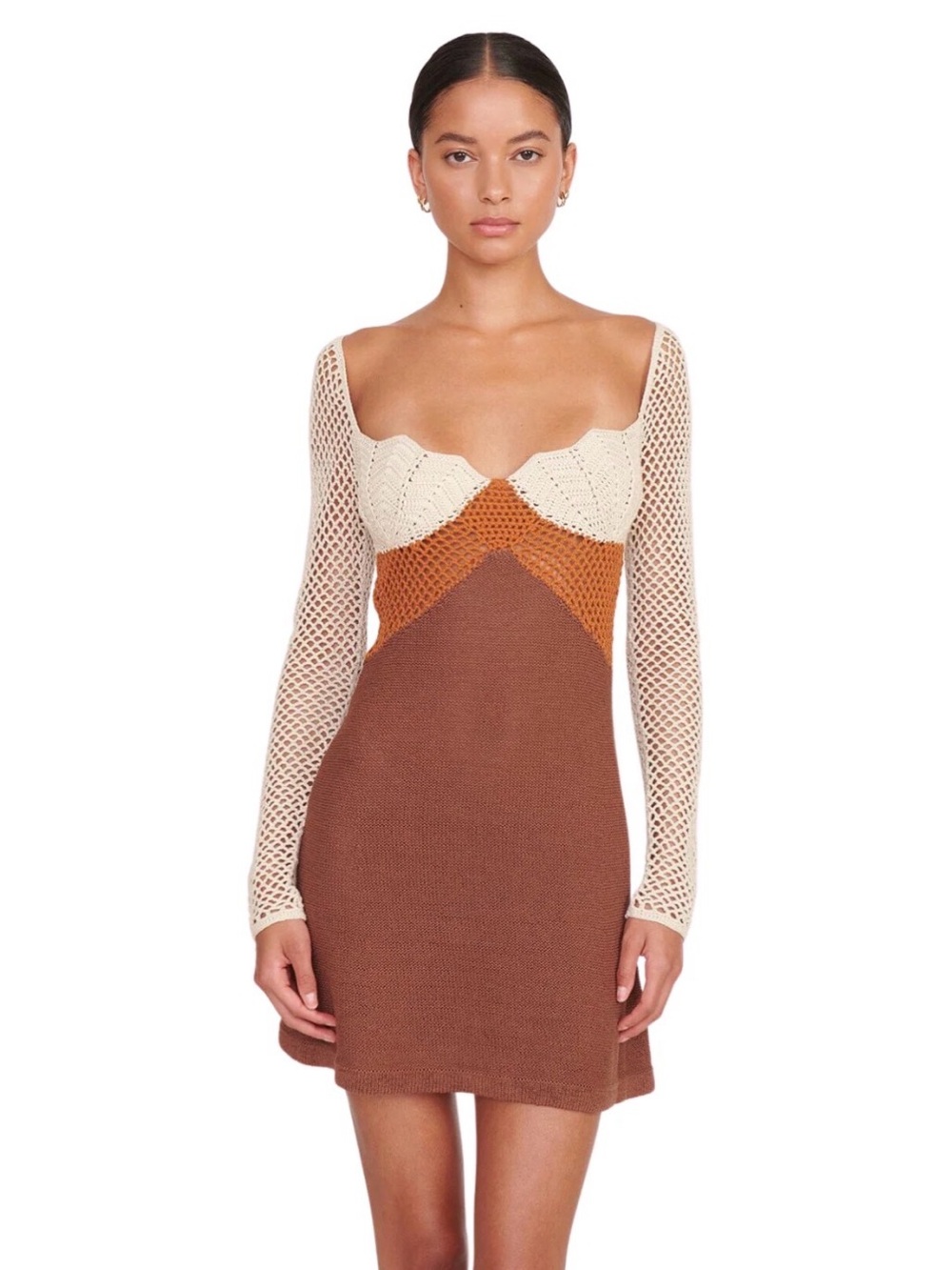 STAUD Jocelyn Mixed Stitch Crochet Long Sleeve Mini Dress Neutral. Size L - Picture 1 of 10